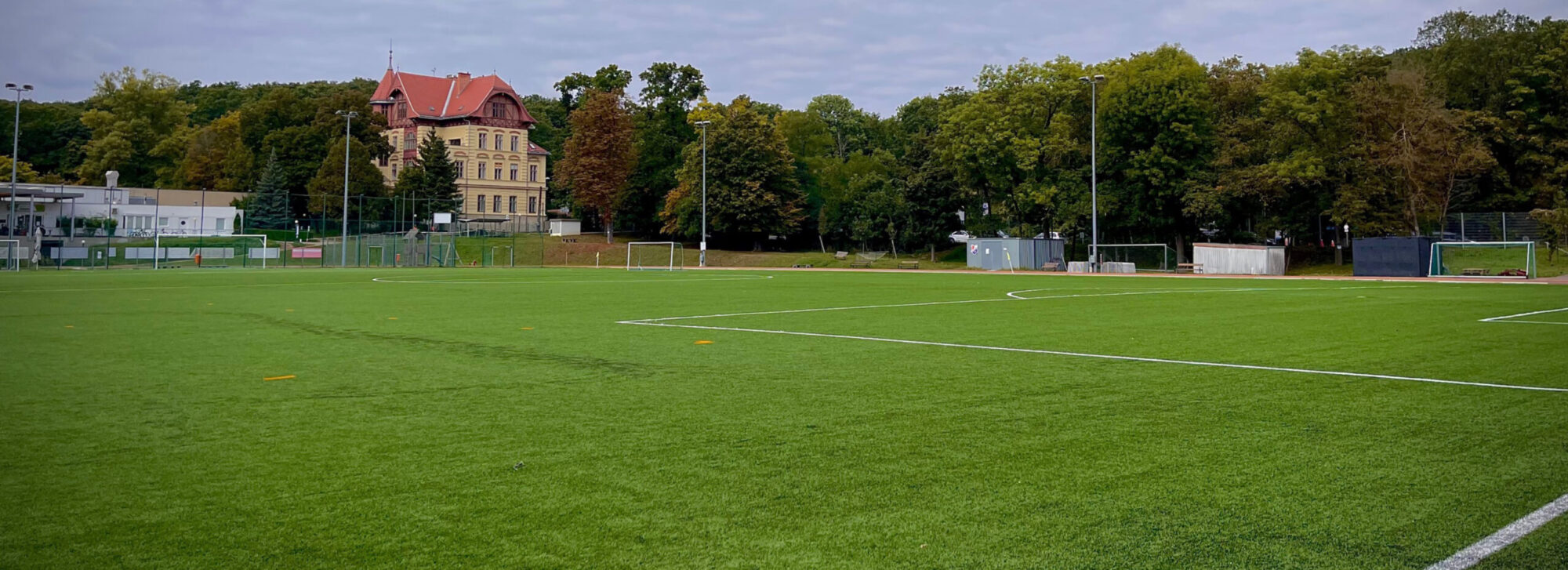 Ein großes Fußballfeld auf der Marswiese mit gepflegtem Rasen, umgeben von Bäumen und Natur.
